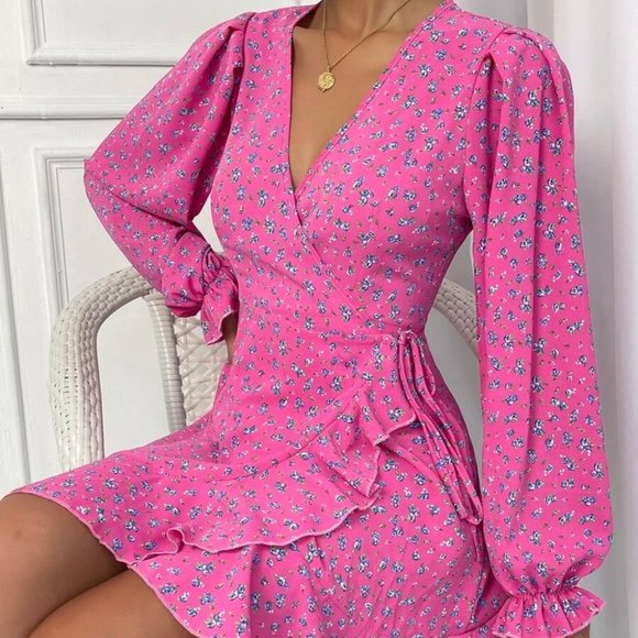 . Dresses & Skirts - Ditsy mini Floral Flounce Long Sleeve Knot Sided Mini Dress Pink